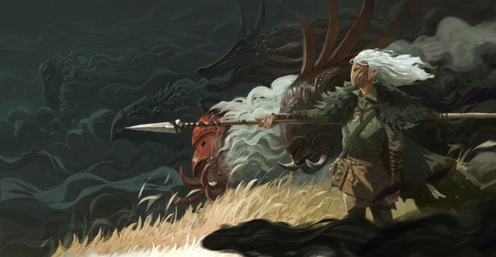 Fantasy warrior with spear and dragon spirit