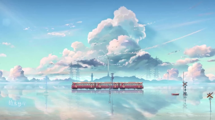 Anime train on water with clouds and wind turbines