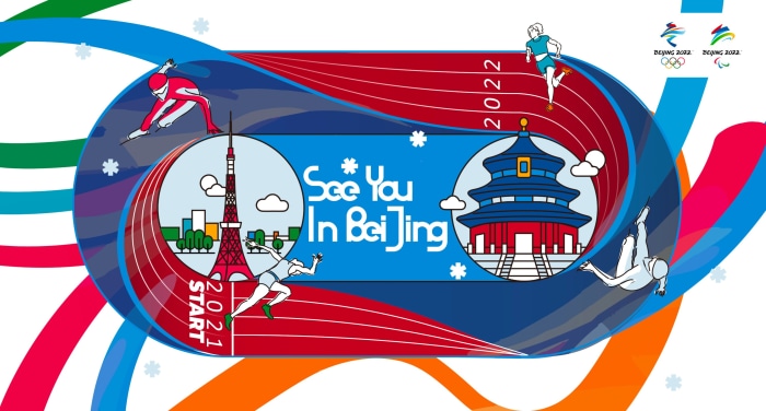 Beijing 2022 Winter Olympics graphic with Tokyo Tower and Temple of Heaven