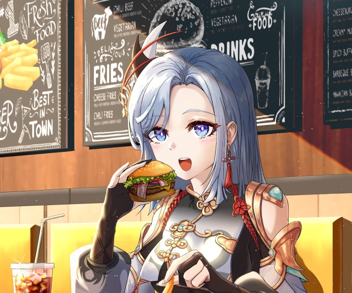 Shenhe from Genshin Impact eating a burger