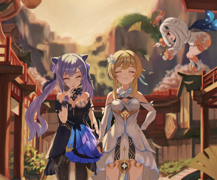 Keqing and Lumine from Genshin Impact with Paimon