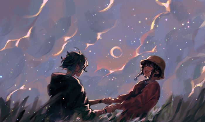 Xiao and Venti from Genshin Impact holding hands