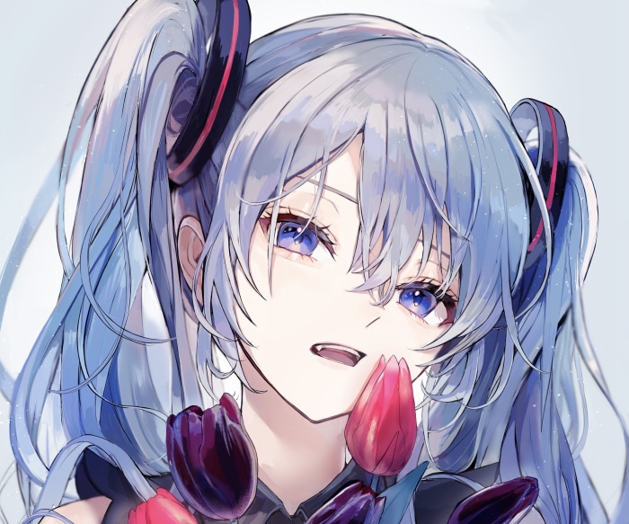 Hatsune Miku from Vocaloid holding tulips