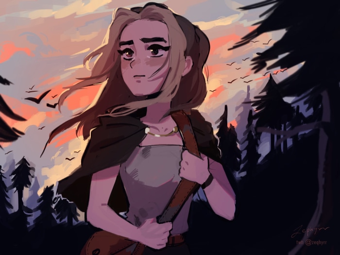 Nihachu from Dream SMP walking through a forest at sunset