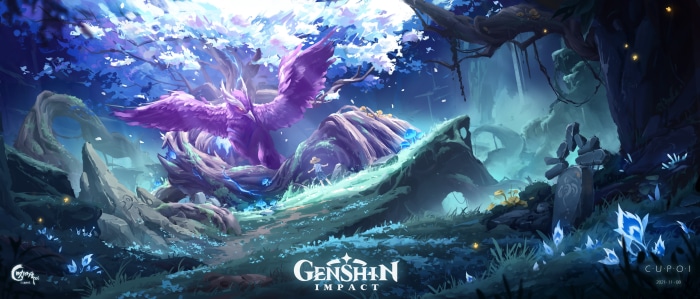 Genshin Impact: A mystical forest with a purple bird-like creature