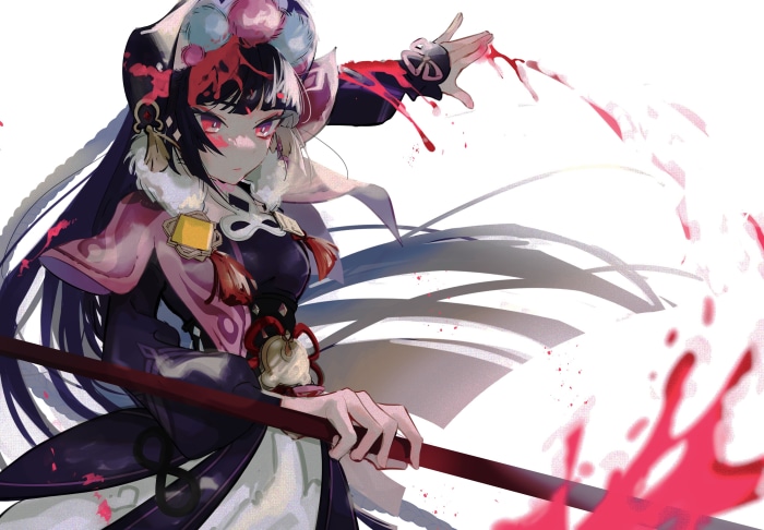 Yun Jin from Genshin Impact with red splashes