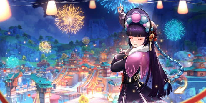 Yun Jin from Genshin Impact celebrating with fireworks