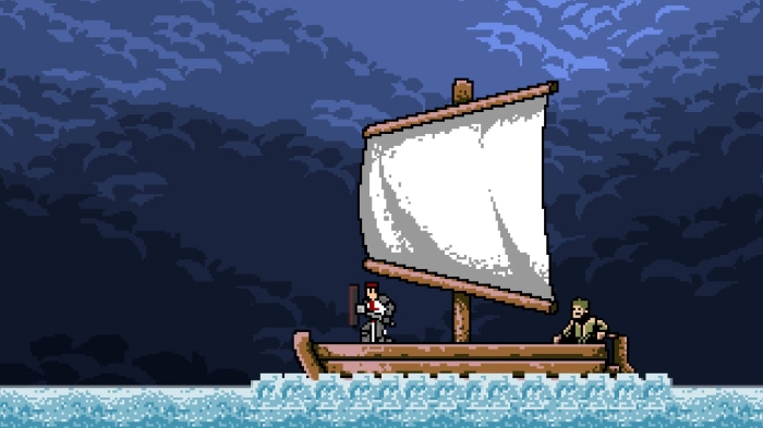 Two men on a sailboat in stormy seas