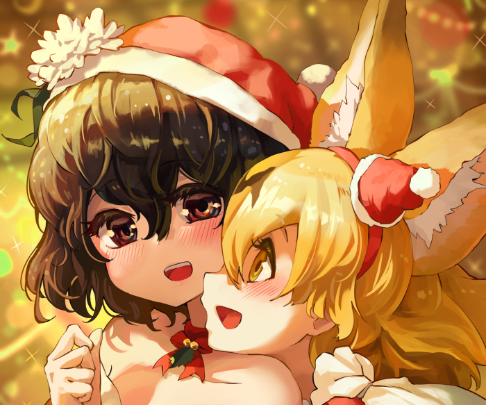 Kaban and Serval from Kemono Friends in Christmas hats