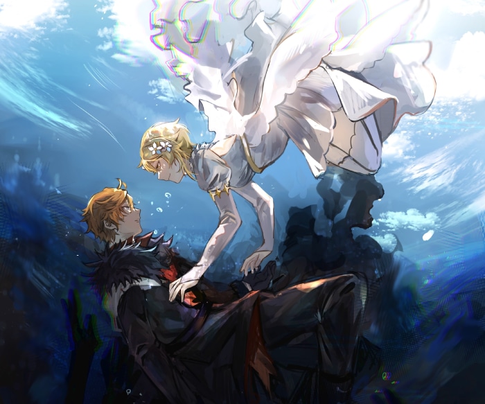 Lumine and Tartaglia from Genshin Impact underwater