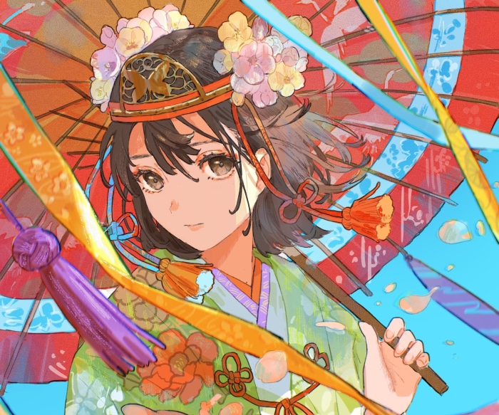 Girl with traditional Japanese umbrella and kimono