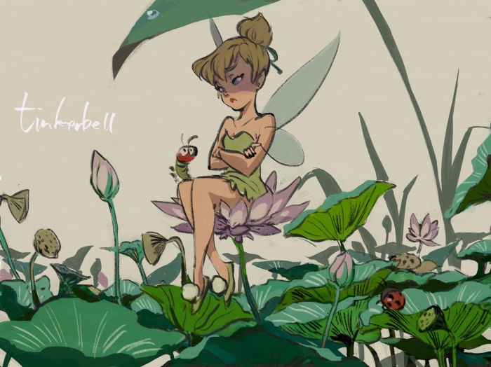 Tinkerbell sitting on a lotus flower with a caterpillar