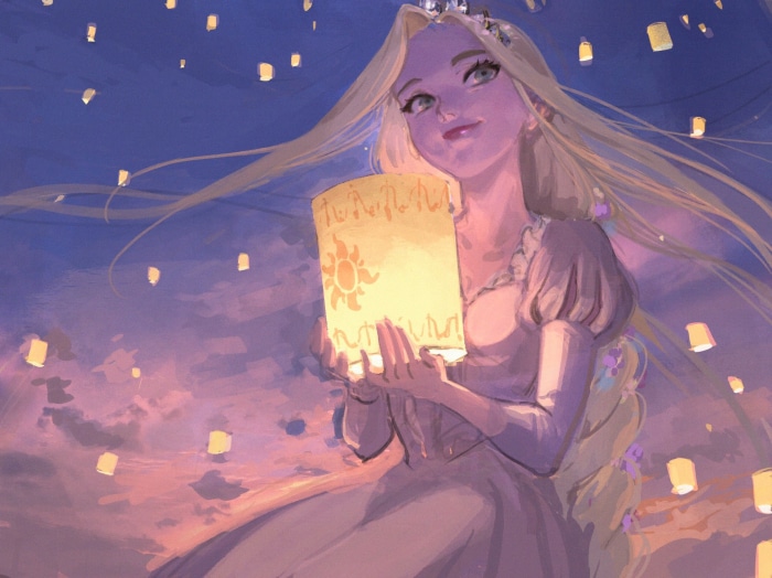 Rapunzel from Tangled holding a lantern