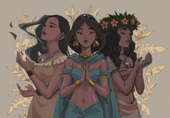 Pocahontas, Princess Jasmine, and Moana