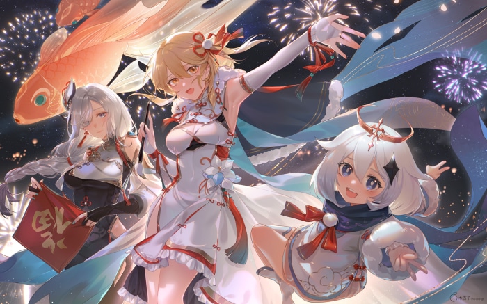 Shenhe, Lumine, and Paimon from Genshin Impact with fireworks