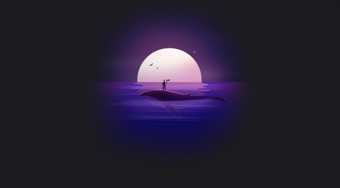 Man on whale looking through telescope at sunset