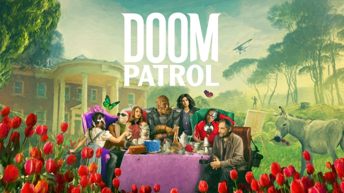 Doom Patrol characters at a tea party