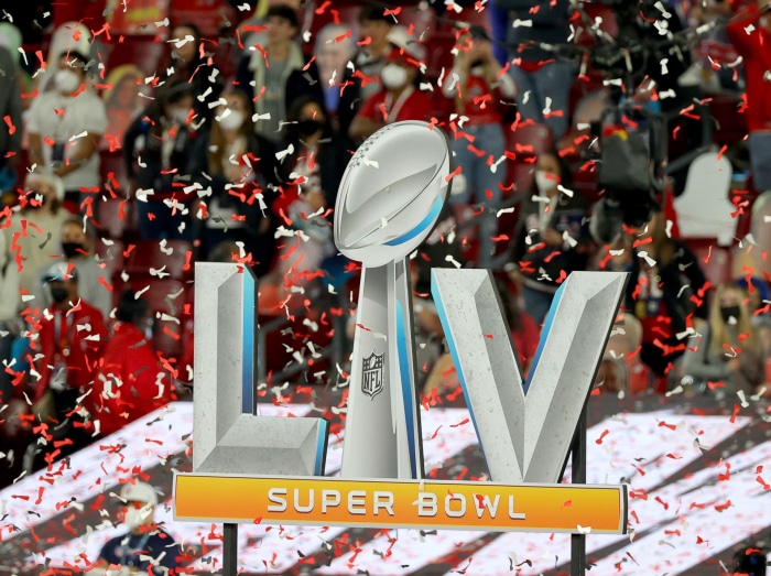 Super Bowl LIV trophy with confetti