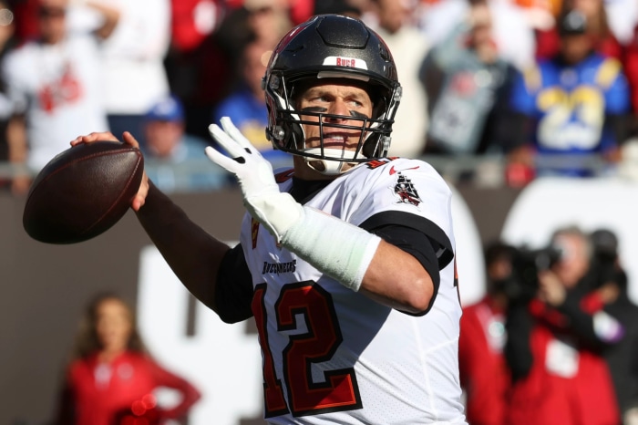 Tom Brady from Tampa Bay Buccaneers throwing a football