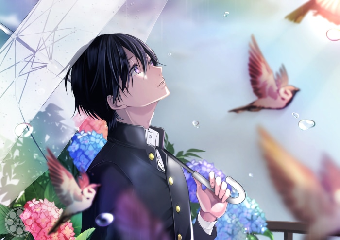 Anime boy with umbrella and birds in rain