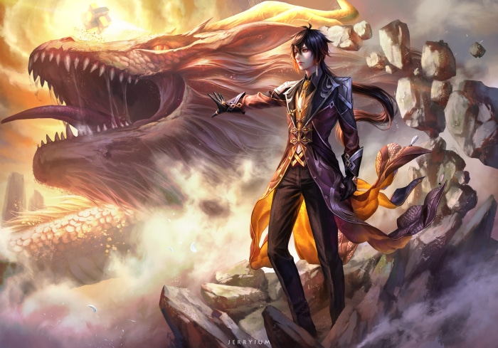 Zhongli from Genshin Impact with a Dragon