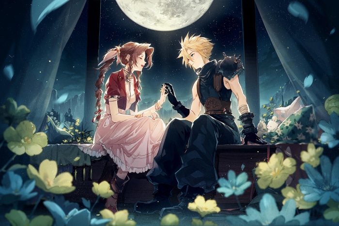 Aerith and Cloud from Final Fantasy VII under the moon