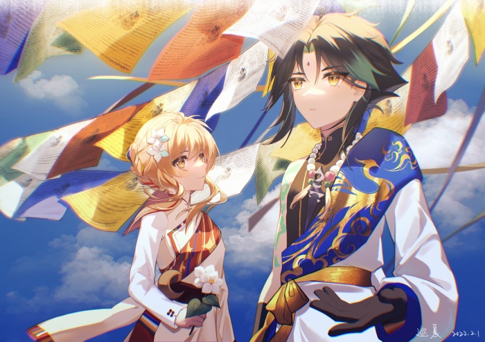 Lumine and Xiao from Genshin Impact with prayer flags