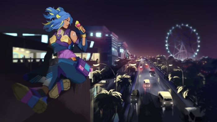 Neon from Valorant eating ice cream in a city at night