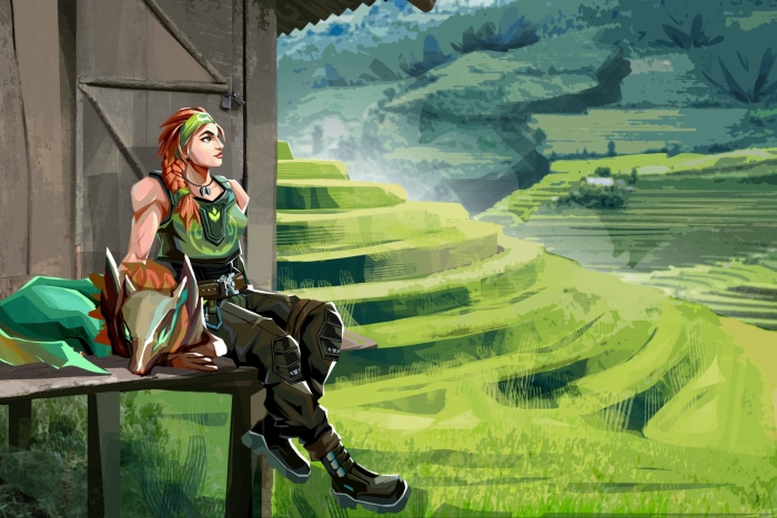 Skye from Valorant with a creature in a rural landscape