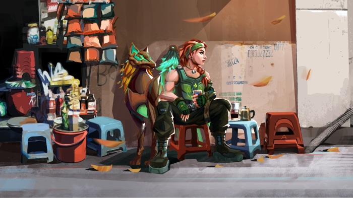 Skye from Valorant with a wolf companion