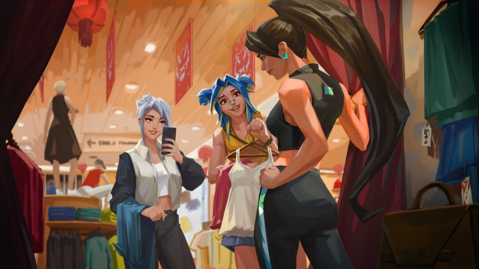 Neon, Jett, and Sage from Valorant shopping