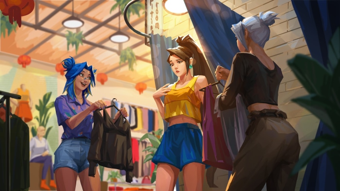 Sage, Neon, and Jett from Valorant shopping