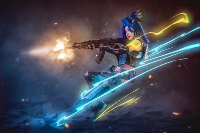 Neon from Valorant firing a rifle