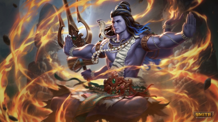 Shiva from Smite surrounded by fire