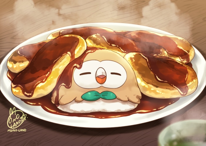 Rowlet from Pokémon Legends: Arceus on a plate of food