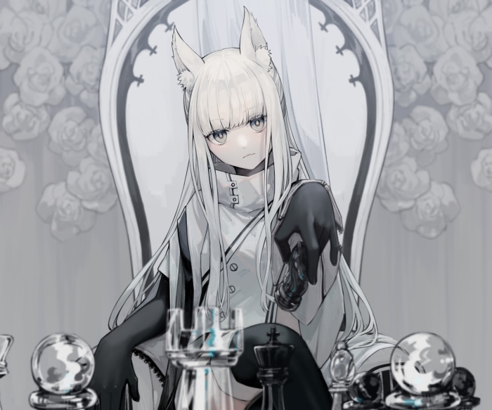 Platinum from Arknights sitting by a chessboard
