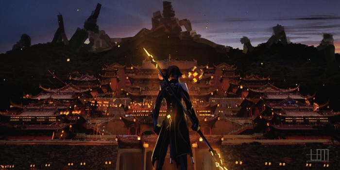 Zhongli from Genshin Impact in front of a palace