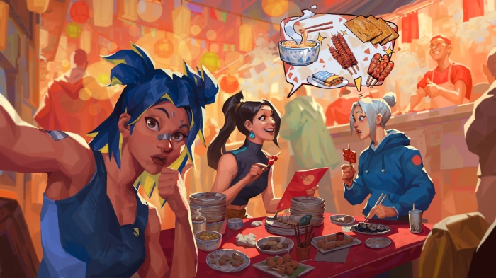 Neon, Sage, and Jett from Valorant at a food stall