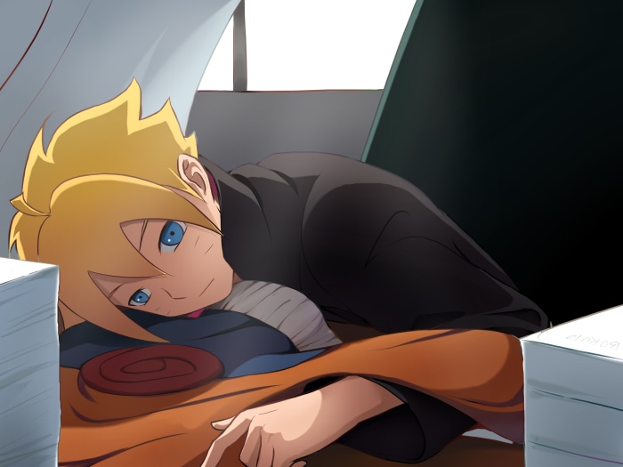 Boruto Uzumaki resting on books