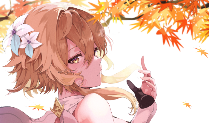 Lumine from Genshin Impact with autumn leaves