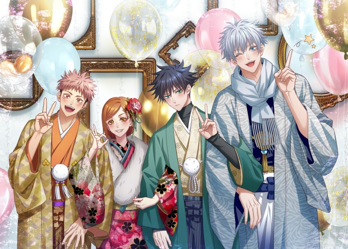 Jujutsu Kaisen characters in kimonos with balloons