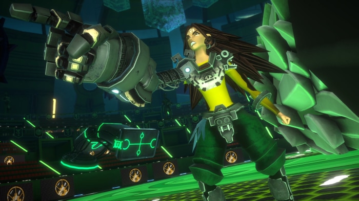 Aztech: Forgotten Gods character with large mechanical arm