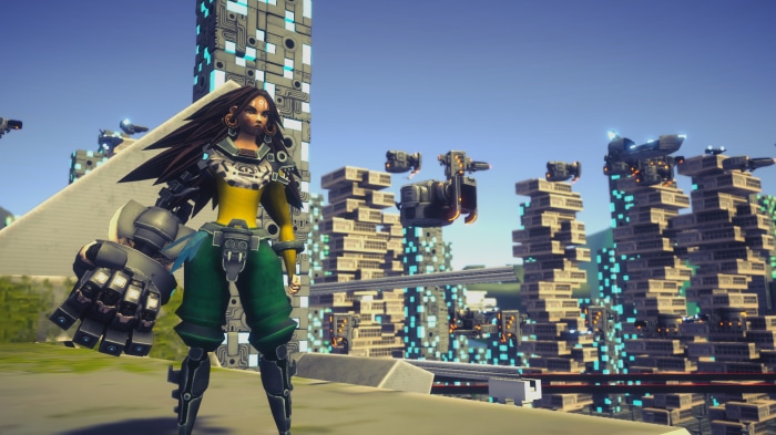 Aztech: Forgotten Gods character with robotic arm