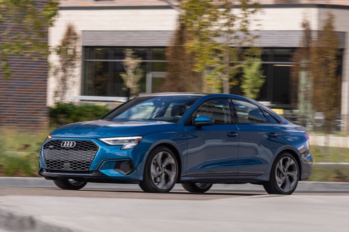 Blue Audi A3 Sedan 40 TFSI quattro driving