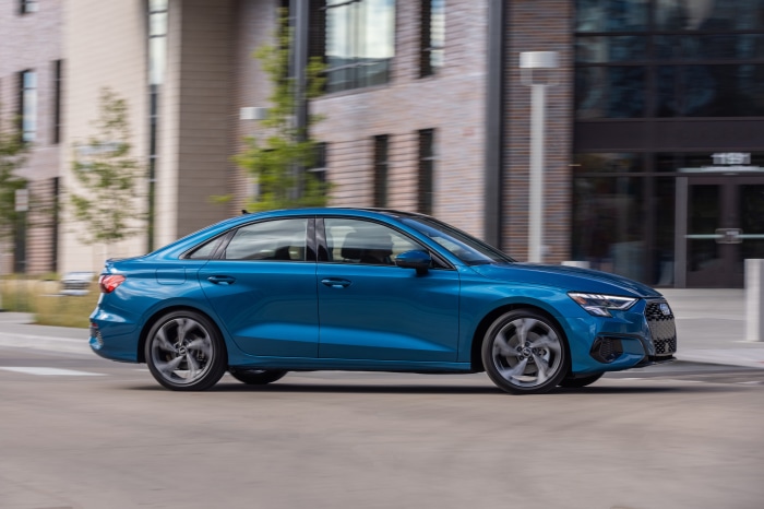Blue Audi A3 Sedan 40 TFSI quattro driving