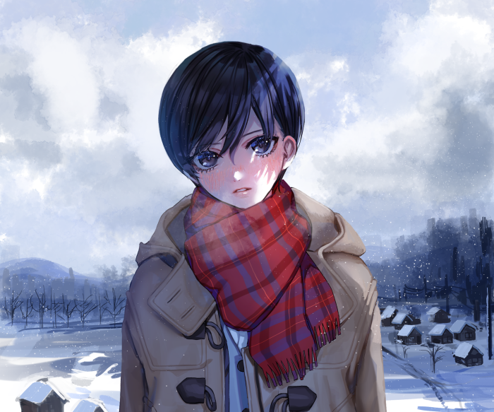 Girl with short hair and red scarf in snow