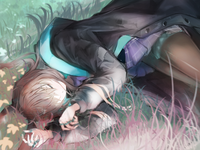 Amiya from Arknights lying in grass
