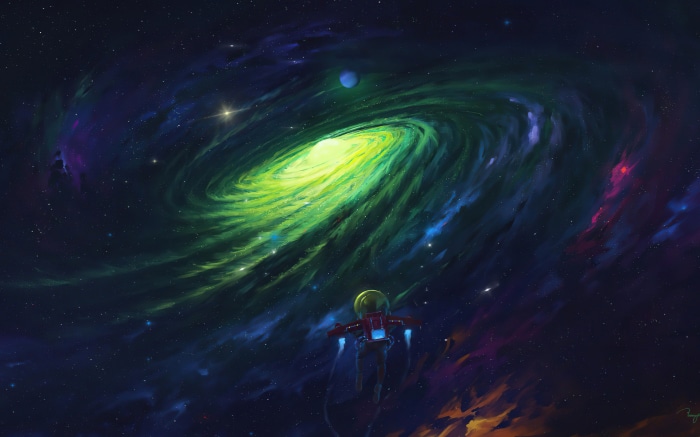 Astronaut in a swirling green galaxy