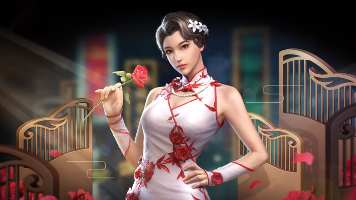 Woman in Cheongsam holding a rose