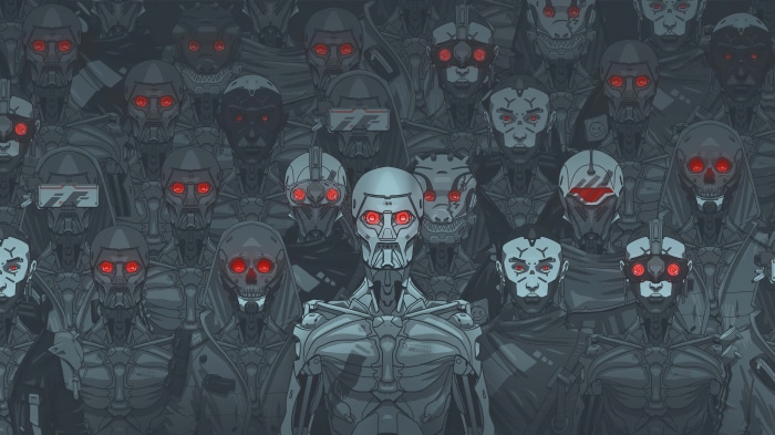 A crowd of robots with red glowing eyes